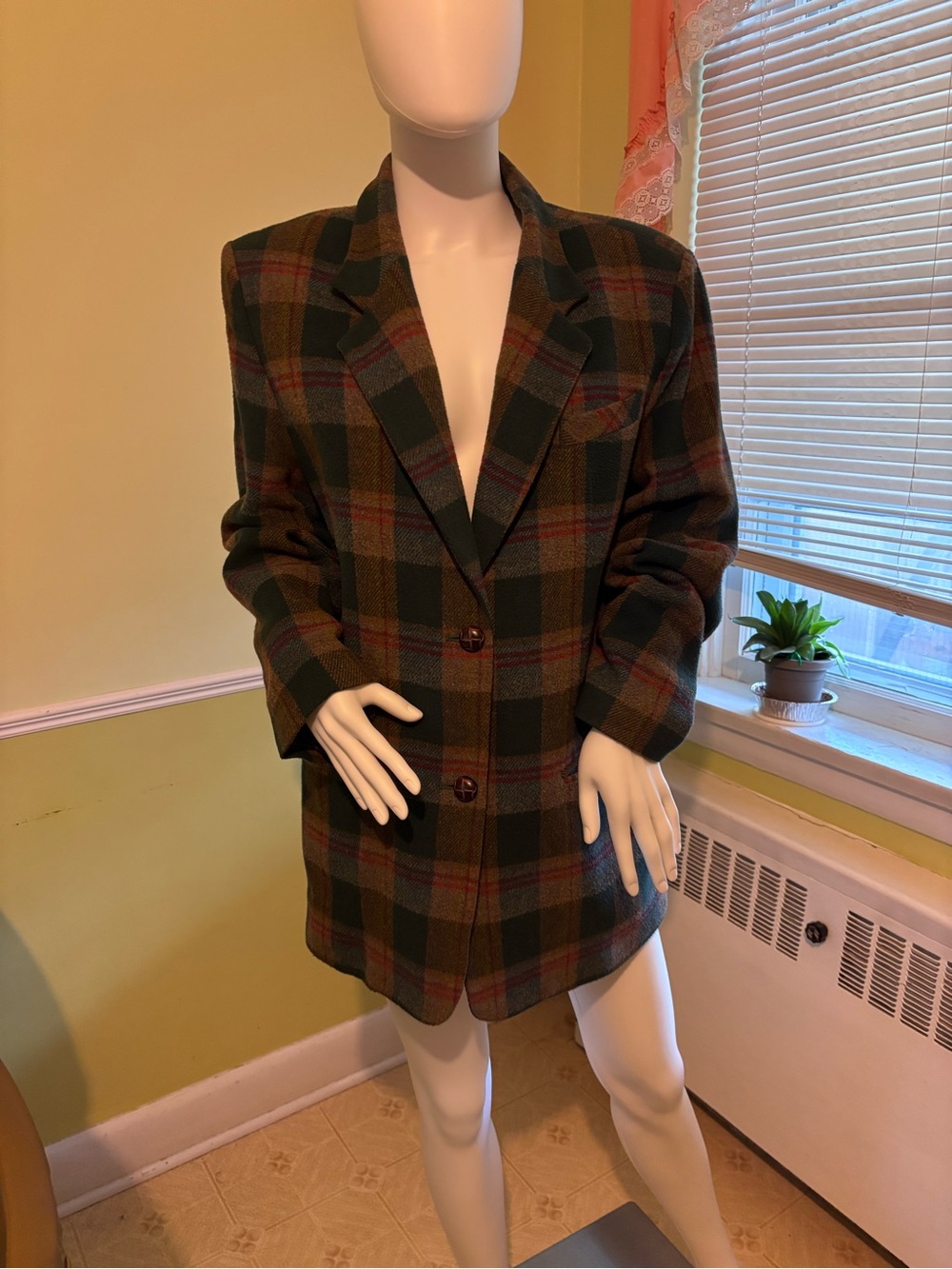 Vintage Plaid Wool Blend Blazer Jacket Green Brown Red size 9